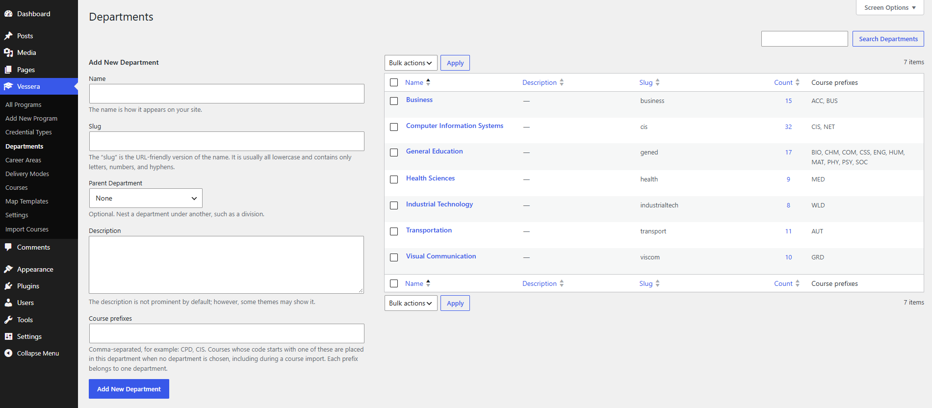 The Departments screen: the Course prefixes field on the left, and each department's prefixes in the list.