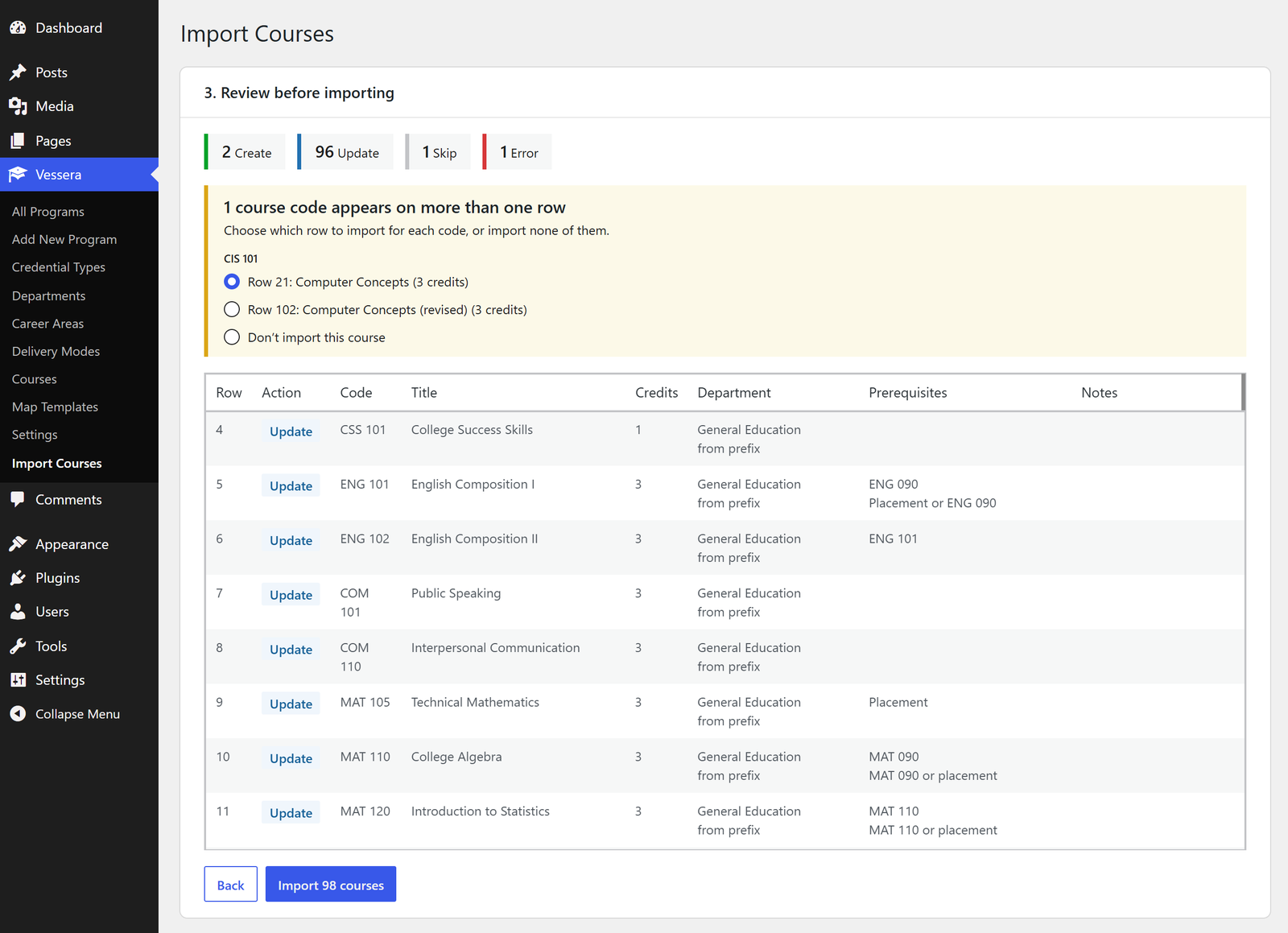 The preview: counts for each action, a duplicate course code to decide, and every row with its department and prerequisites.