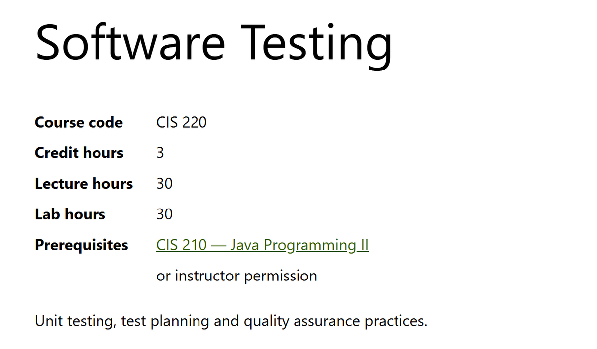 A course page: Course Info with hours and a linked prerequisite, followed by the description.