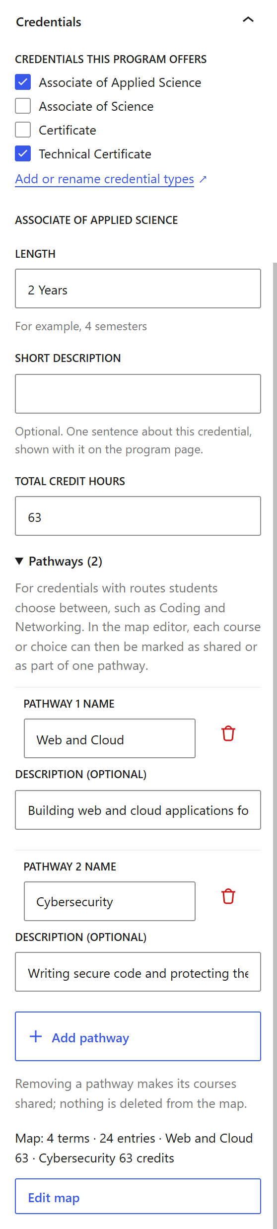 The Credentials panel: the credentials this program offers, then the associate degree with its two pathways.