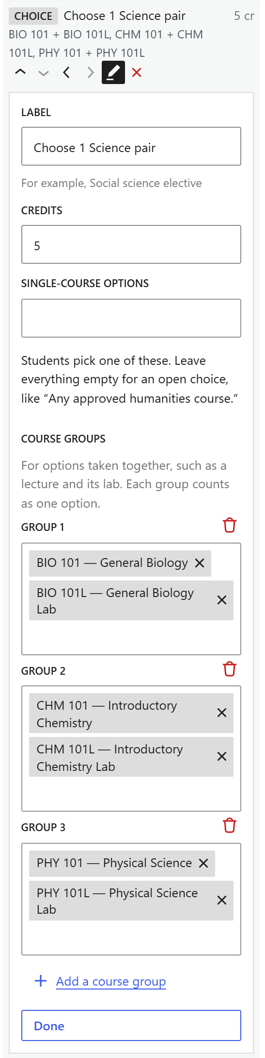 A choice slot with three lecture and lab groups.