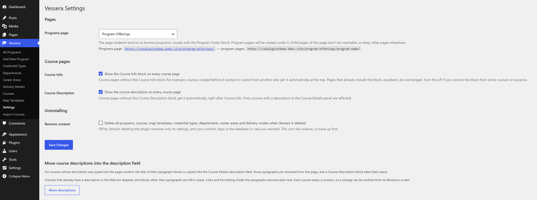 Vessera → Settings, with the Programs page chosen and both program addresses shown.