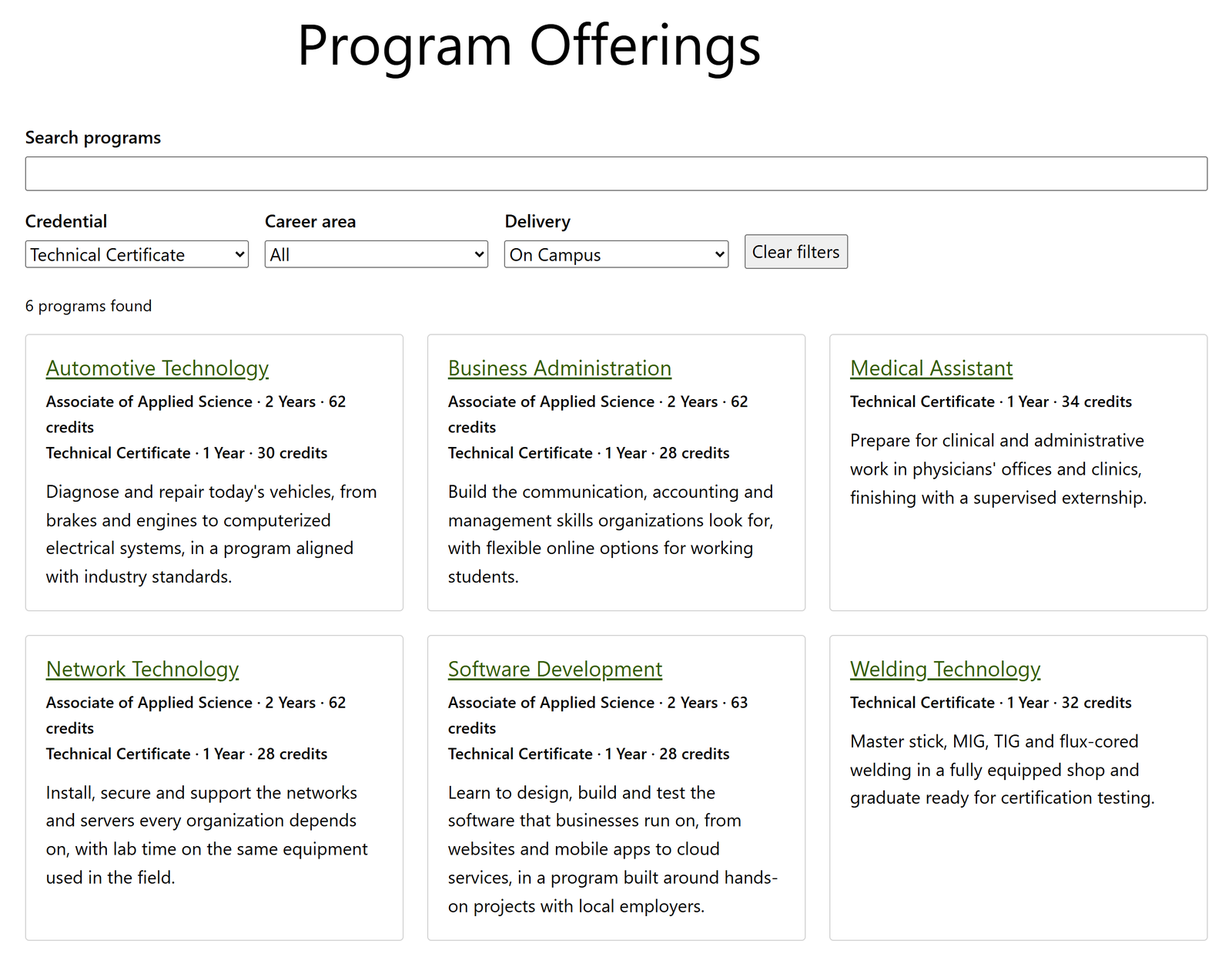 The Program Finder with a credential and a delivery filter applied, showing six program cards.