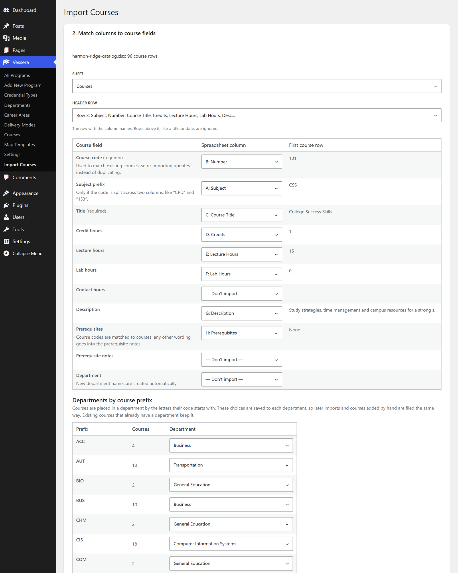The course import screen matching spreadsheet columns to course fields, with departments chosen by course prefix.